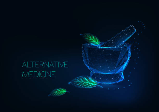 концепция альтернативной медицины со светящимся раствором и зелеными листьями из звезд, линий, точек, треугольников. - ayurveda stock illustrations