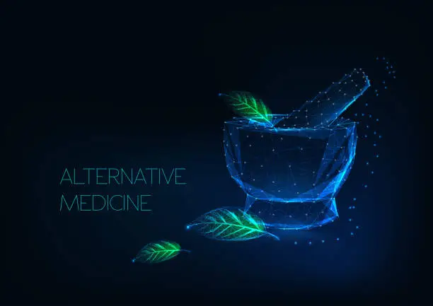 Vector illustration of Alternative medicine concept with glowing mortar and green leaves made of stars, lines, points, triangles.