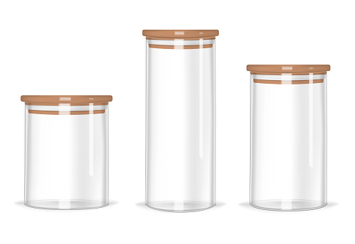 Glass storage jars different heights with airtight seal bamboo lids, vector mock-up set. Clear empty food canisters isolated on white background, realistic illustration.