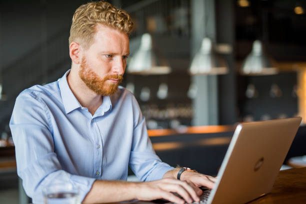 istock Young businessman working on laptop in coffee shop. 1165905740