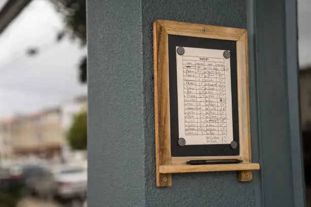 Photo of Waitlist filled with names at popular restaurant location hanging outside