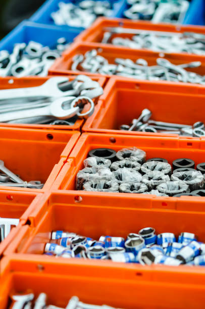 istock Spanners and bolt sockets on sale at a hardware store. 1165908114