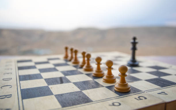 Chess board game concept of business ideas and competition. Chess figures on a chessboard. Outdoor sunset background. Selective focus