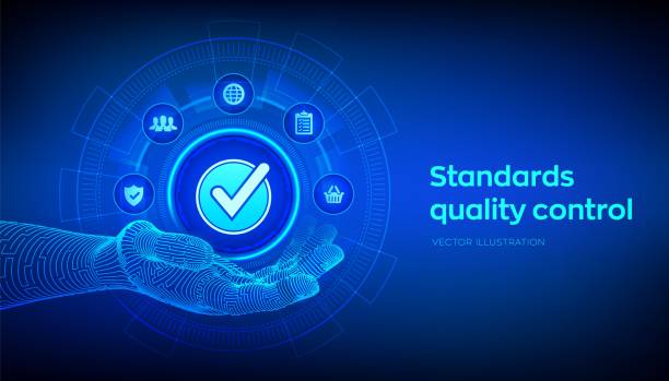 istock ISO standards quality control assurance warranty business technology concept. ISO standardization certification industry service concept. Accepted sign in robotic hand. Vector illustration. 1165915734