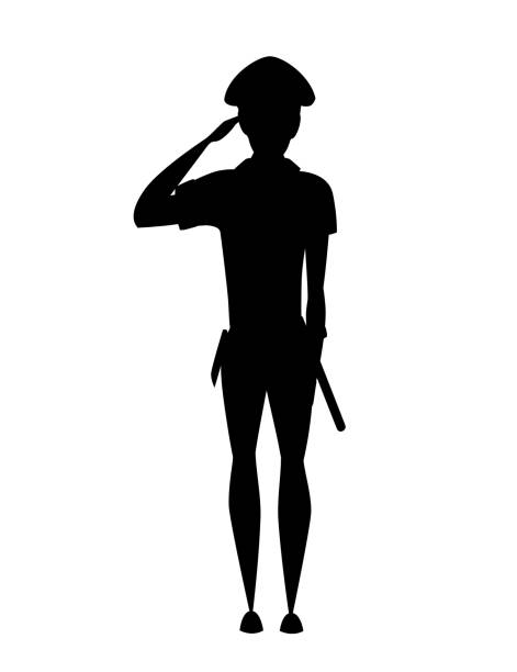 istock Black silhouette police officer saluting cartoon character design flat vector illustration 1165916359