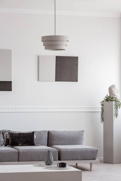 istock Grey sofa in white interior with abstract paintings on the wall 1165917955