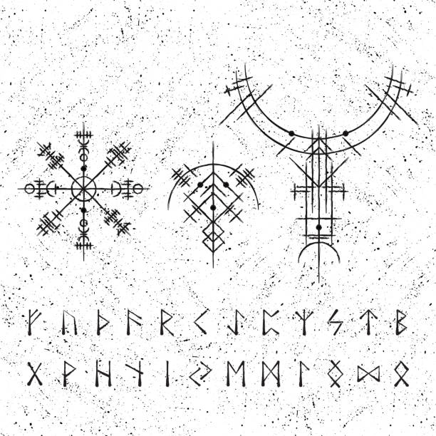 antike wikingersymbole mit buchstaben - ethereal spirituality concepts ancient stock-grafiken, -clipart, -cartoons und -symbole