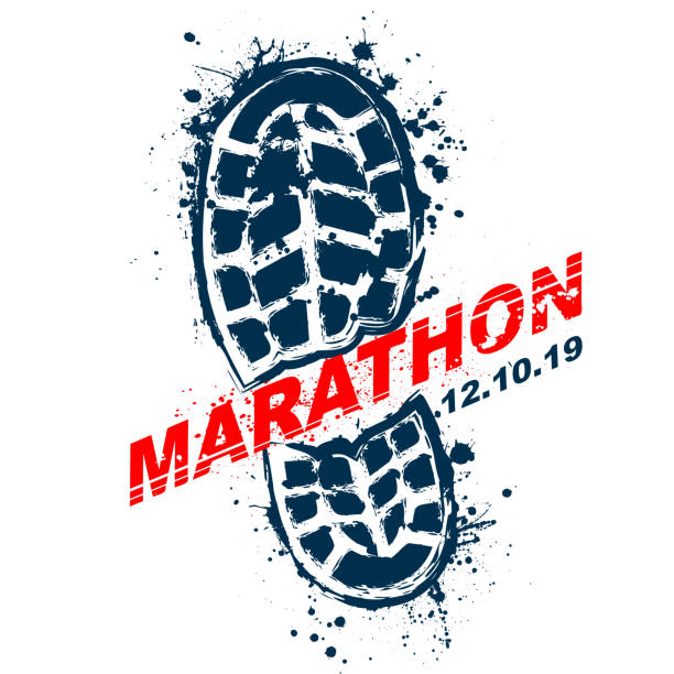 Grunge shoes marathon text background Grunge silhouette of shoe print on white background with in blots and text climbing stairs drawing stock illustrations