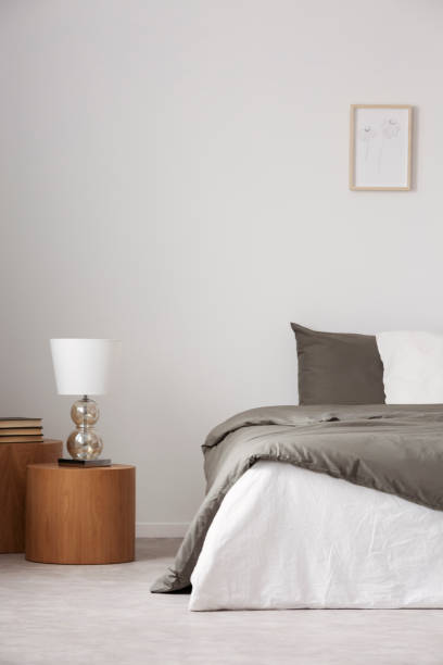 istock Copy space on empty white wall of elegant bedroom interior with comfortable king size bed 1165921536