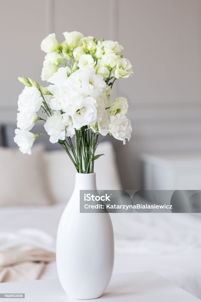 Flores Blancas En Jarrón En Elegante Interior De Dormitorio Gris Con Ropa De Cama Sencilla Foto de stock y más banco de imágenes de A la moda - iStock Flores Blancas En Jarrón En Elegante Interior De Dormitorio Gris Con Ropa De Cama Sencilla Foto de stock y más banco de imágenes de A la moda - iStock