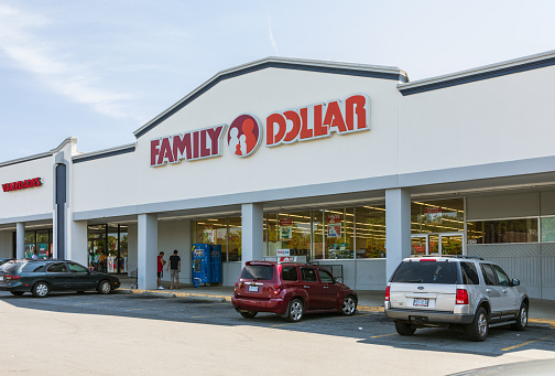 Charlotte, NC, USA-28 July 2019: A Family Dollar store on South Blvd, one of over 8000 locations.