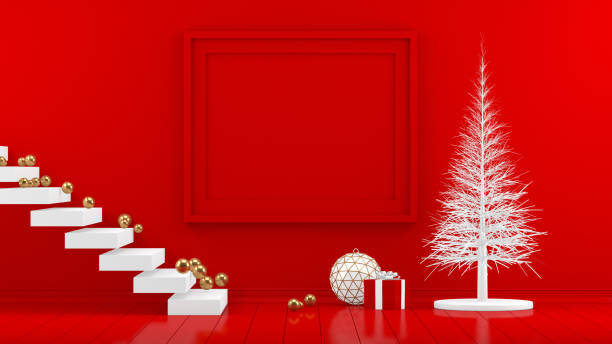istock 3D Minimal New Year, Christmas Concept in Red Living Room with Empty Frame 1165929437