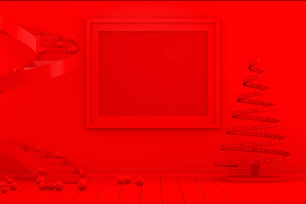 istock 3D Minimal New Year, Christmas Concept in Red Living Room with Empty Frame 1165929497