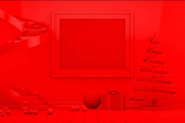 istock 3D Minimal New Year, Christmas Concept in Red Living Room with Empty Frame 1165929558
