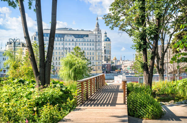 View of the Hotel Baltschug in Moscow from Zaryadye Park on a sunny summer morning