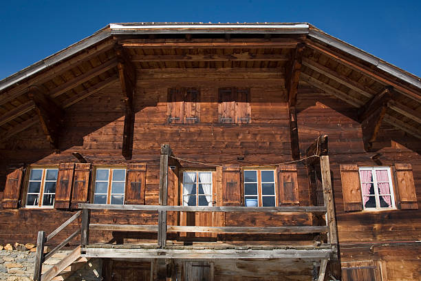 front view of a mountain chalet against a clear blue sky