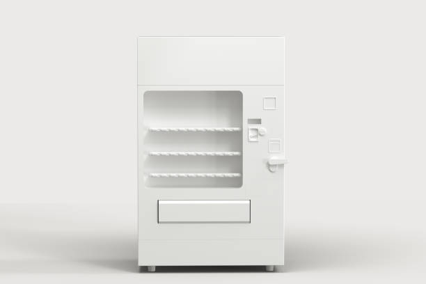 le modèle blanc de distributeur automatique avec le fond blanc, rendu 3d. - distributeur automatique photos et images de collection