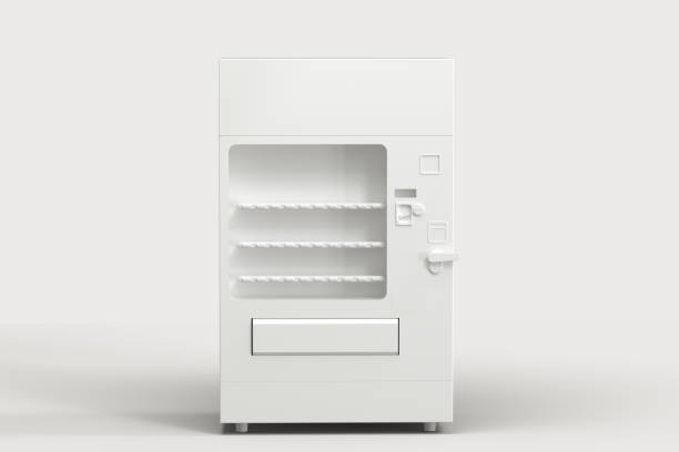 il modello bianco del distributore automatico con sfondo bianco, rendering 3d. - vending machine immagine foto e immagini stock