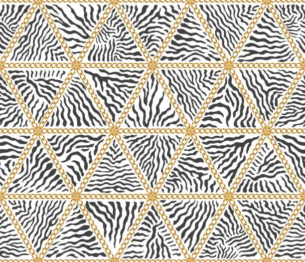 Vector illustration of Vector Triangular patchwork seamless pattern from Zebra stripes and Baroque golden chains. Black and white animal print background.Batik paint, wallpaper décor, textile patch, wrapping paper, web page