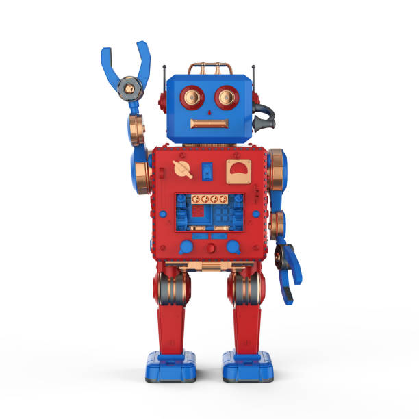 istock Red robot tin toy hand up 1165956136