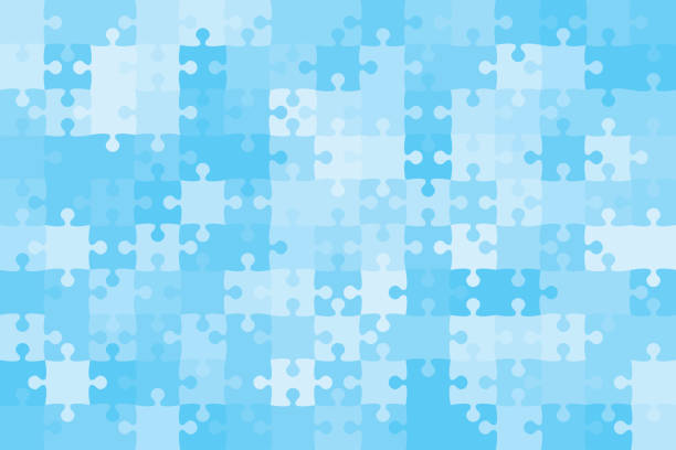 Background with jigsaw puzzle 150 blue pieces, details, parts. Puzzle background, banner, blank. Vector jigsaw section template. Background with puzzle 150 blue separate pieces mosaic, details, tiles, parts. Rectangle outline abstract jigsaw. Game group detail. undivided highway stock illustrations