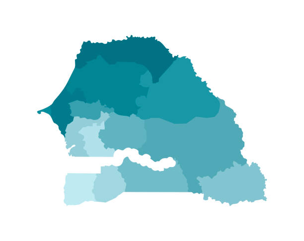 illustrazioni stock, clip art, cartoni animati e icone di tendenza di illustrazione isolata vettoriale della mappa amministrativa semplificata del senegal. confini delle regioni. silhouette kaki blu colorate - dakar region