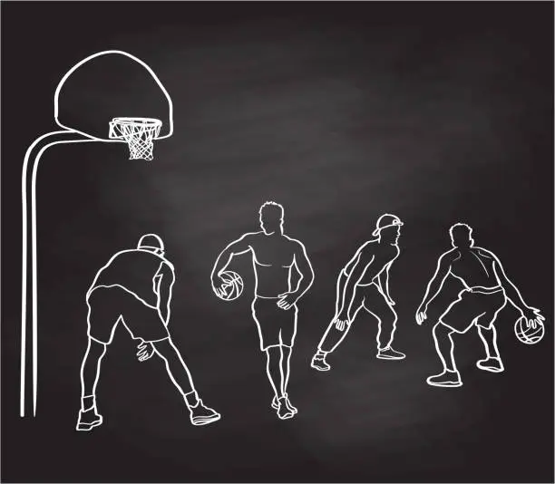 Vector illustration of Friends Playing Basketball Chalkboard