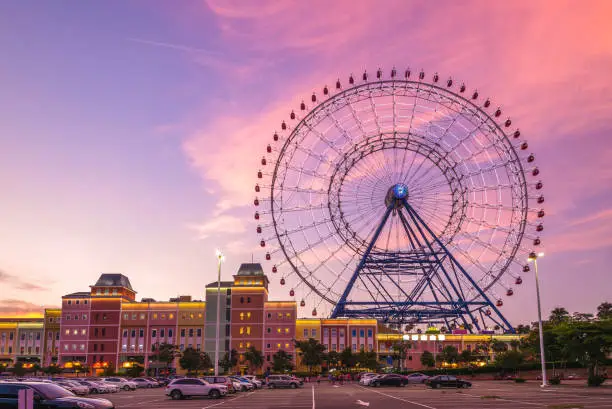 theme park with ferris wheel in taichung at dusk