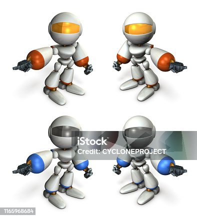 istock The robot swings his arm and points at it. Determined something and ordered. A Set of multiple illustrations. White background. 3D illustration. 1165968684