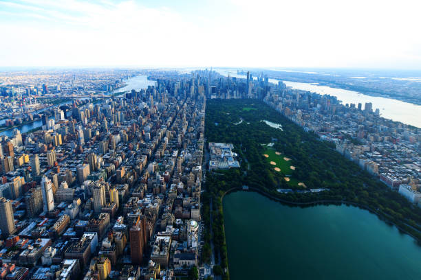 Birdeye Sky View of Central Park - New York City An overhead view of Central Park and Manhattan upper east side manhattan stock pictures, royalty-free photos & images
