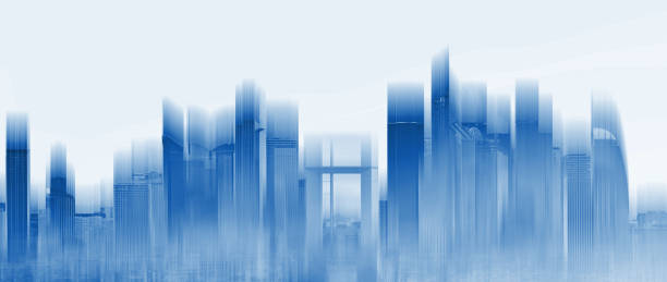 istock Futuristic skyscraper building city skyline, with glowing blue light. Abstract city background 1165983043