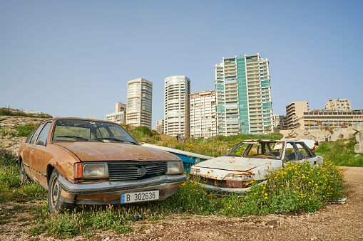 Beirut, Lebanon - April 29, 2019: abandoned cars on the seafront promenade in Raoucheh.