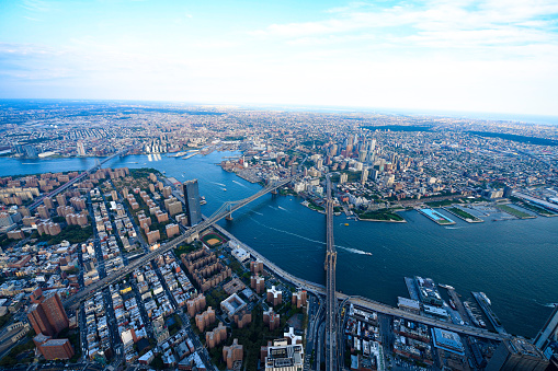 An overhead view of the Three Bridges in Lower Manhattan