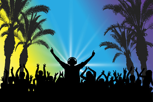 DJ on the background of the dancing crowd. Beach party. Silhouettes, vector illustration