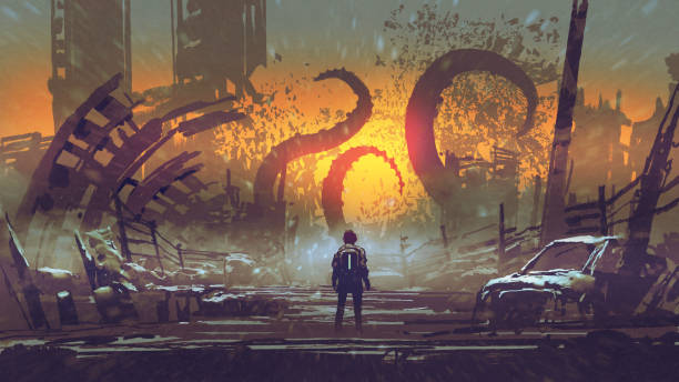the tentacle monster destroys the city man looking at a tentacle monster that destroys the city, digital art style, illustration painting dystopia concept stock illustrations