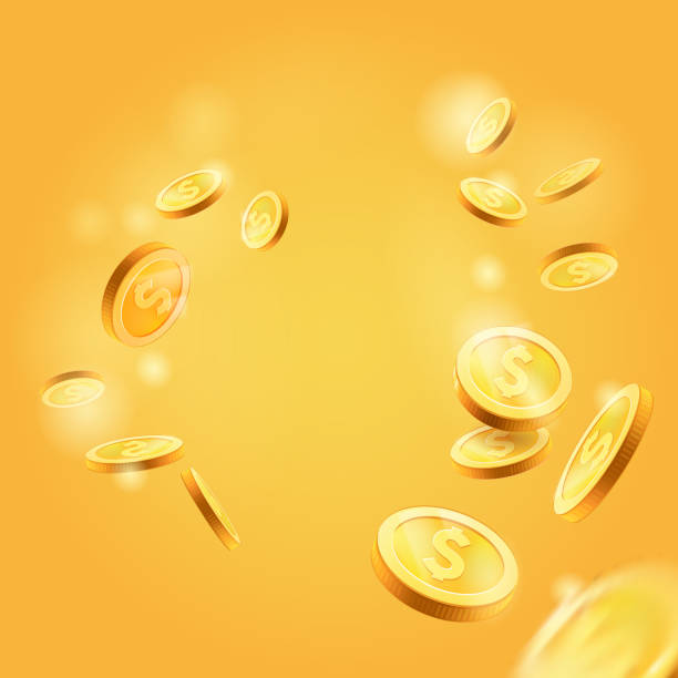현실적인 금화 폭발.성공, 행운, 돈 떨어지는, fly.coins는 다른 위치에 설정. 노란색 배경에 격리 - coin gold finance currency stock illustrations