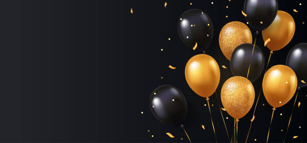 ilustraciones, imágenes clip art, dibujos animados e iconos de stock de celebración, fondo del festival con globos de helio. saludo banner o póster con oro y negro realista globos voladores vectoriales 3d. - black and gold