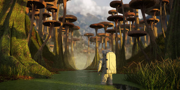 istock astronaut exploring alien planet landscape, mission on exoplanet with strange plants and flying creatures (3d science rendering) 1165996300
