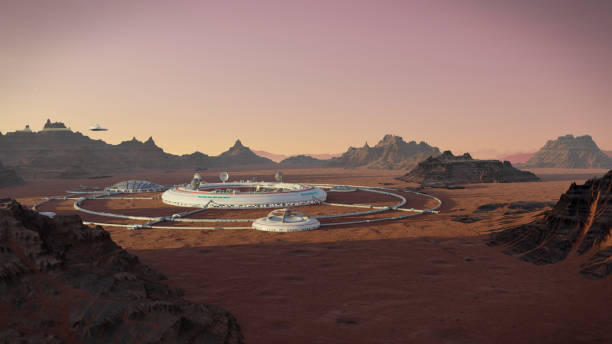 istock station on Mars surface,  colony in desert landscape on the red planet 1165996965