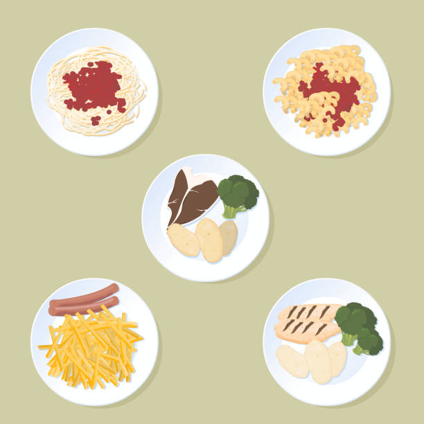 ilustraciones, imágenes clip art, dibujos animados e iconos de stock de placas de alimentos - noodles pasta chicken breast color image