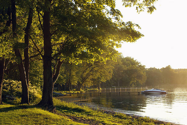 Beautiful summer evening with cottages surrounding Chautauqua Lake in Upstate New York