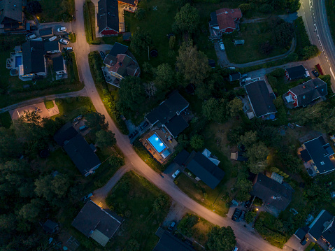 Aerial night view over a small city in Sweden