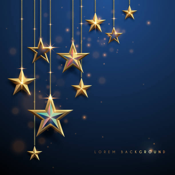 ilustraciones, imágenes clip art, dibujos animados e iconos de stock de estrellas de oro sobre fondo azul - christmas ornament christmas blue decoration