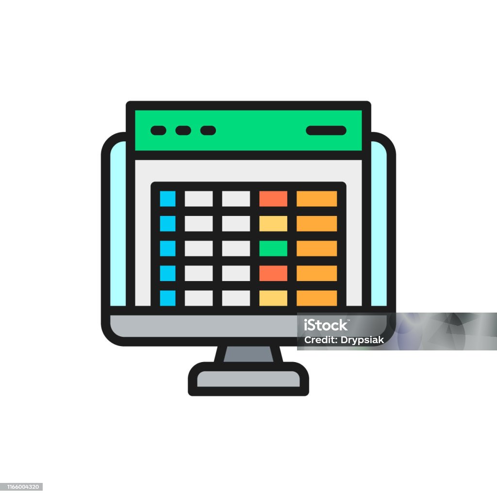 Foglio di calcolo, schermo del computer, icona a colori piatto del report di contabilità finanziaria. - arte vettoriale royalty-free di Foglio elettronico