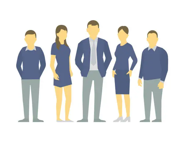 Vector illustration of A group of people, workers team of businessmen. Teamwork. Work partnership leadership. Men and women in business Blue clothes. Dress code. Vector flat.