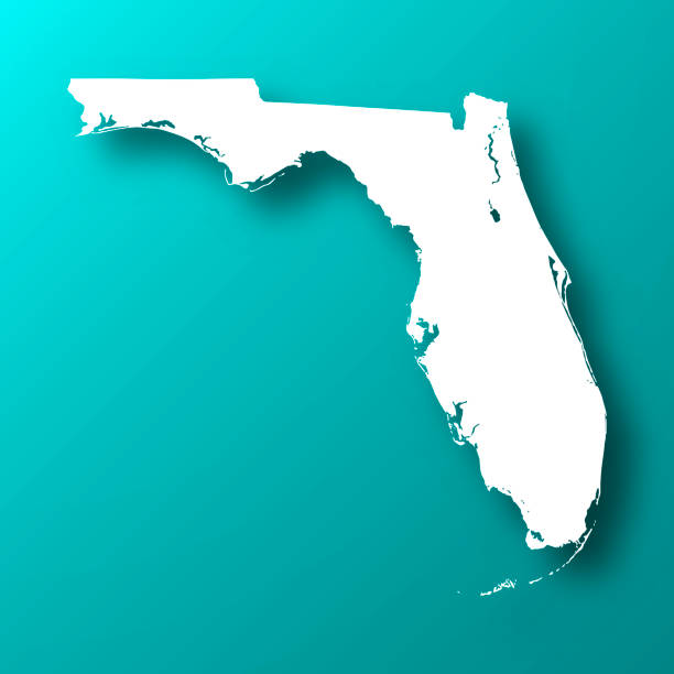 Florida map on Blue Green background with shadow White map of Florida isolated on a trendy color, a blue green background and with a dropshadow. Vector Illustration (EPS10, well layered and grouped). Easy to edit, manipulate, resize or colorize. florida us state stock illustrations