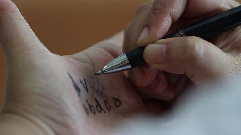 Student cheat on examination or quiz, test by using black pen to write formula of math and answers on hand. Concept of measurement and evaluation.
