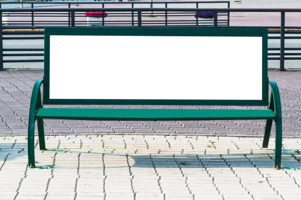 istock Billboard with blank white copy space for text message or content, mock up banner on a city bench, 1166015363