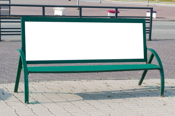 istock Billboard with blank white copy space for text message or content, mock up banner on a city bench, 1166015385