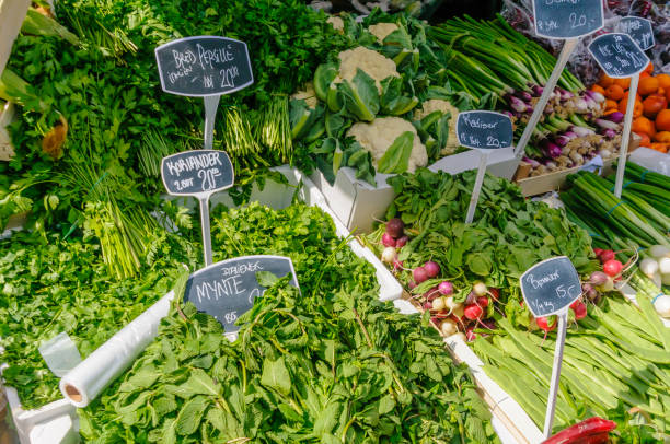 Salad vegetables for sale at a Danish market stall.
